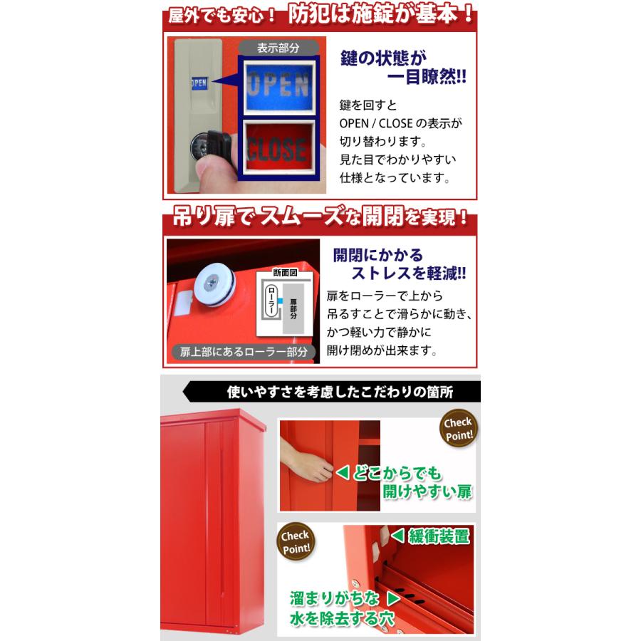 屋外物置 スチール物置 幅約1540mm×奥行約650mm×高さ約1550mm レッド 