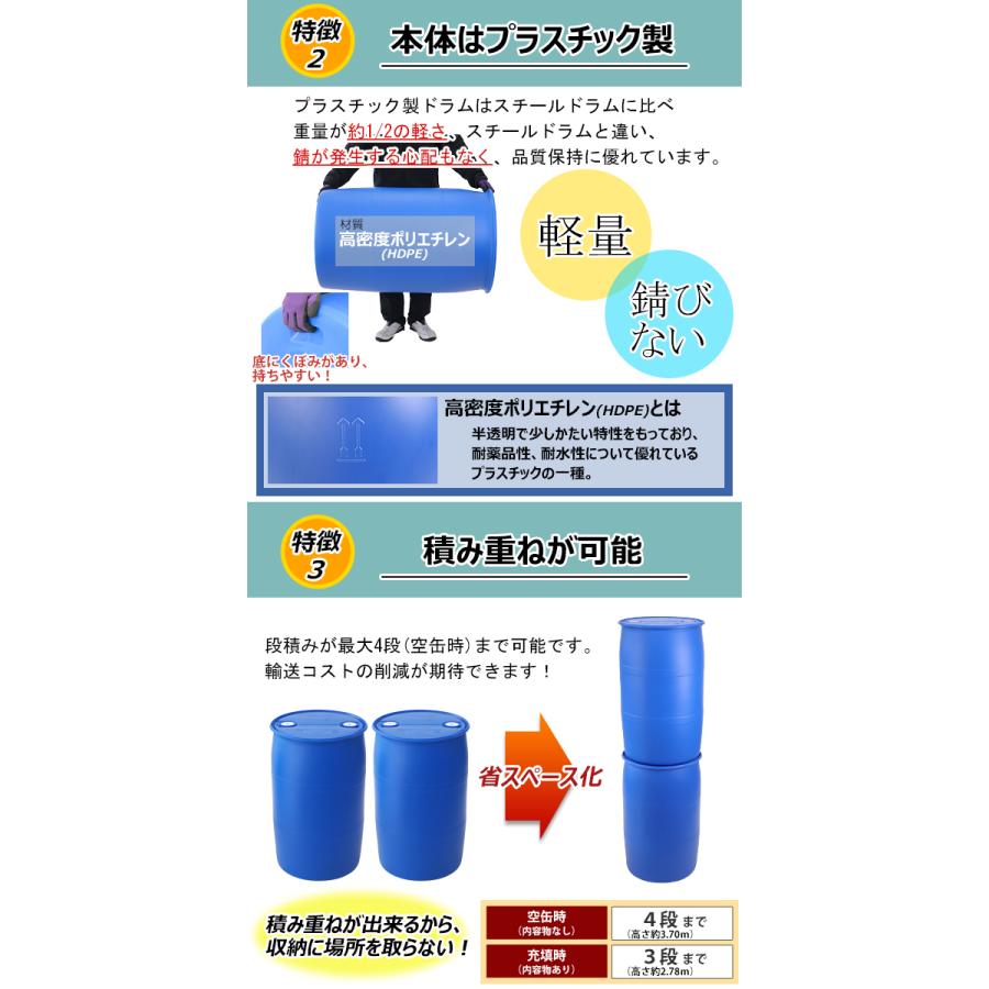 ドラム缶 プラスチックドラム UN認定付き 200L クローズドタイプ 1個 クローズ プラドラム プラスチックドラム缶 雨水タンク 輸送容器 プラグ 運搬 運送｜bauhaus1｜04