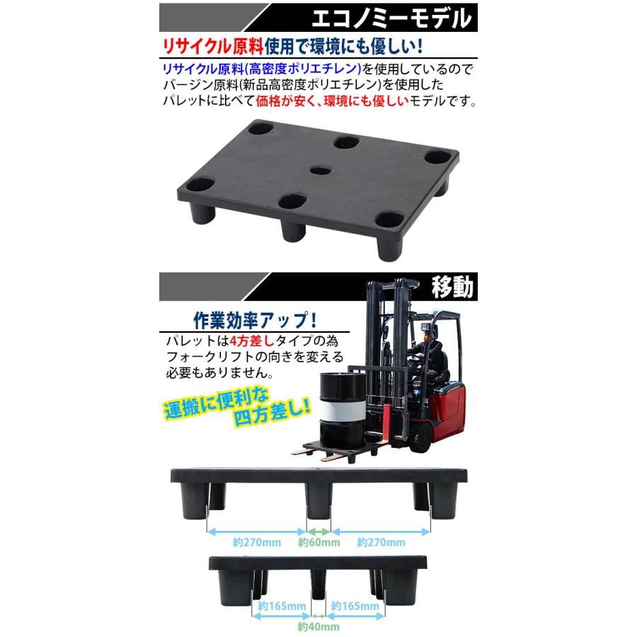 プラスチックパレット　エコノミーモデル　リサイクル原料　単面四方差し　最大荷重約400kg　約W800×D600×H140mm　フォークリフト　10枚　ネスティングパレット