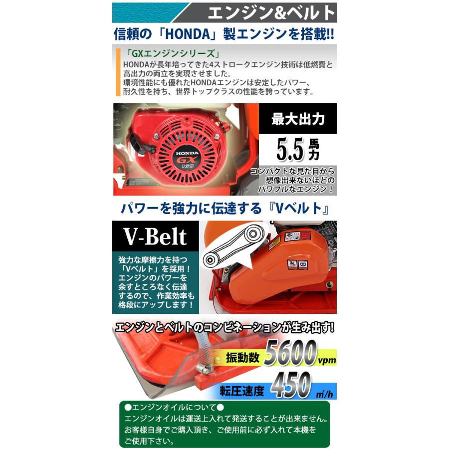 プレートコンパクター Honda GX160内蔵 4ストロークエンジン 5.5馬力 