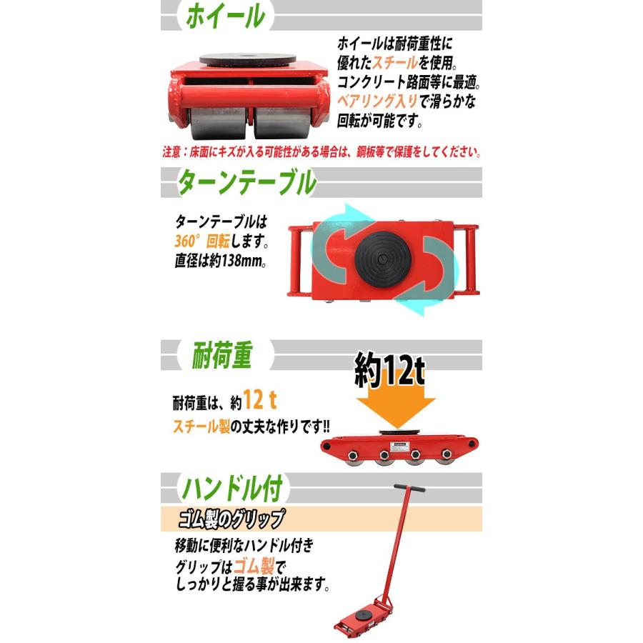 超激安 マシンローラー 耐荷重約12t スチール製ホイール ハンドル付き 360 ターンテーブル 回転台 運搬ローラー 運搬マシンローラー 重量物 低床 レッド Roller12tsh 爆売り Studiostodulky Cz