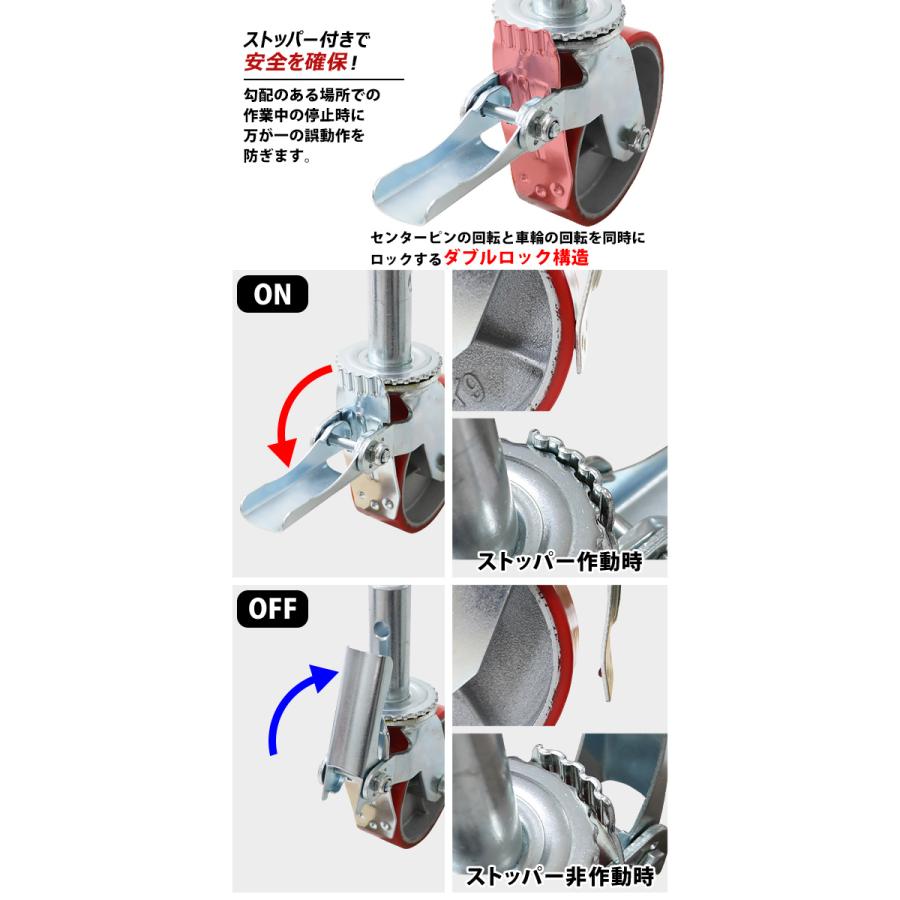 キャスター 足場キャスター 自在キャスター 重量用 PU製 ストッパー付き 4個セット 重量用キャスター 耐荷重約300kg(1個あたり) 車輪直径約150mm 幅約50mm｜bauhaus1｜04