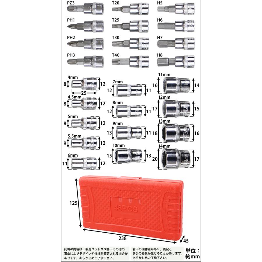 ソケットレンチセット 46PCS 46点 差込角1/4" 1/4インチ 6.35mm ラチェット式 ラチェット機構 ビットソケット ソケットセット レンチ ドライバー 工具セット｜bauhaus1｜07