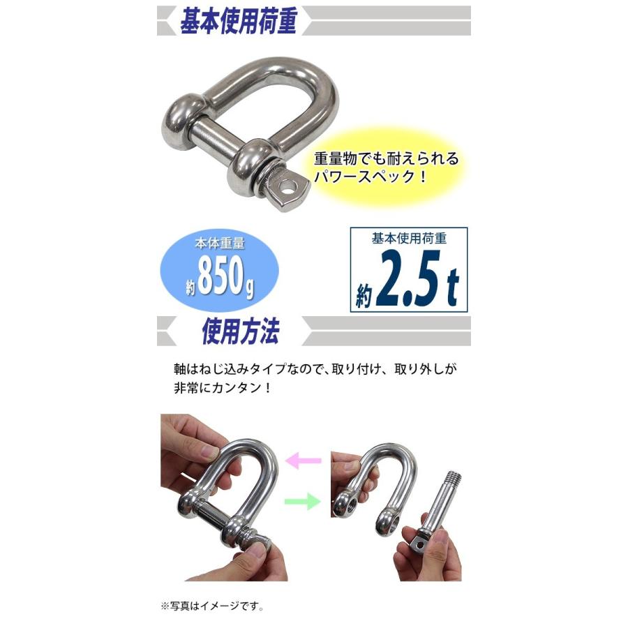 ステンレスシャックル JIS規格 ねじ込みタイプ M20 線径約20mm 開口約40mm 使用荷重約2.5t 約2500kg SUS304 JIS ステンレス製 ねじシャックル SE型 半丸｜bauhaus1｜02