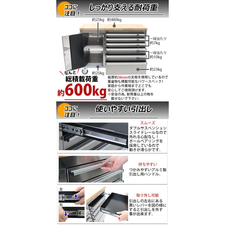 ステンレス ツールキャビネット 総積載荷重約600kg 約幅1366×奥行487×高さ960mm 鍵付き キャスター ツールチェスト ツールワゴン 工具 toolchest4848inch｜bauhaus1｜08