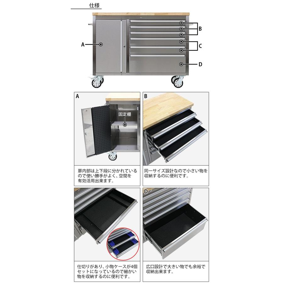 ステンレス ツールキャビネット 総積載荷重約600kg 約幅1366×奥行487