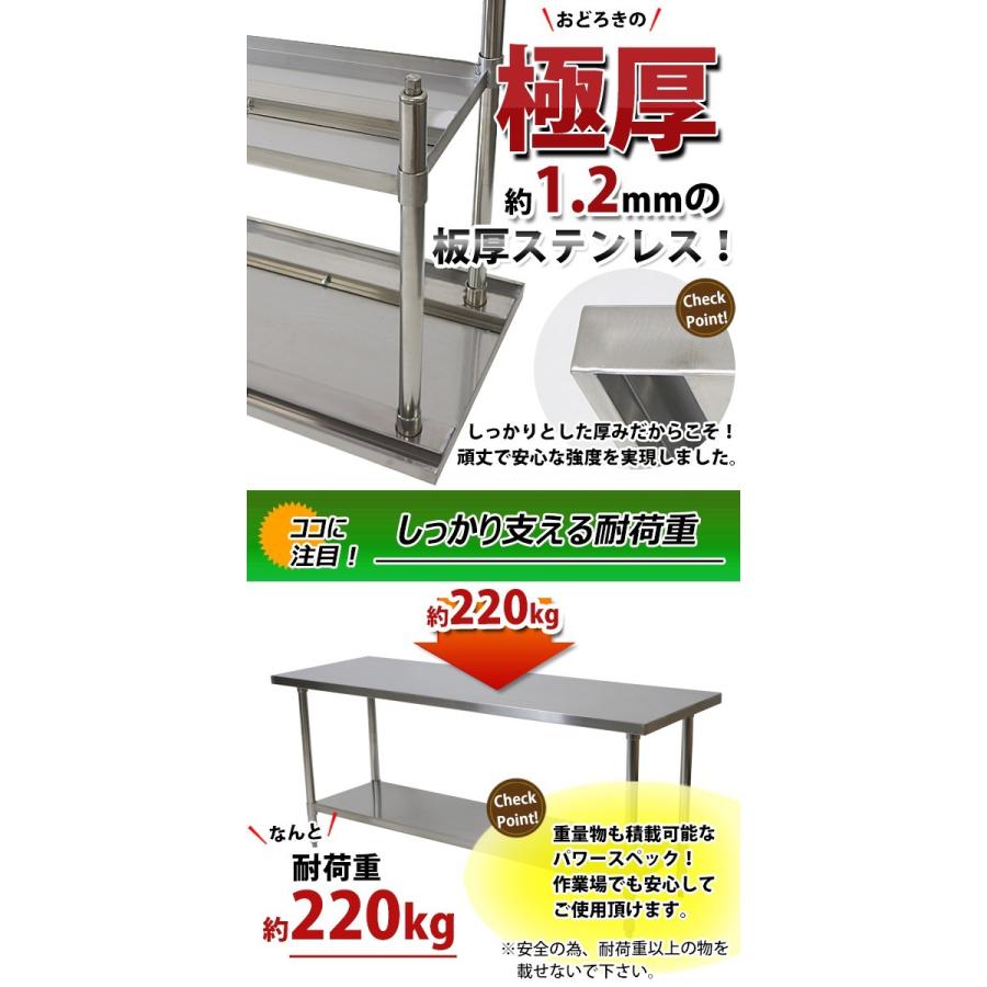 オールステンレス作業台 2段 耐荷重約220kg 約幅1800×奥行600×高800mm 