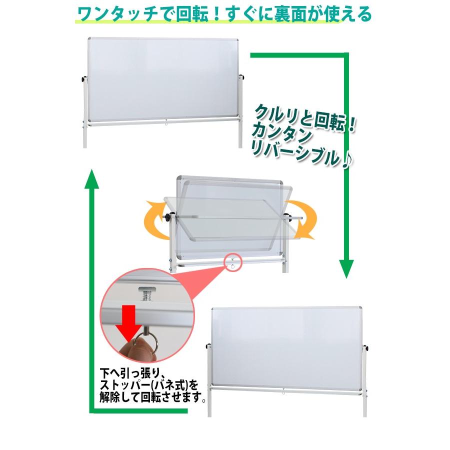 ホワイトボード W2000xH1000 両面 エコノミーモデル マーカー イレーザー マグネット付 ストッパー付キャスター 回転式 がっちりフレーム 2000x1000 200100wwst_2