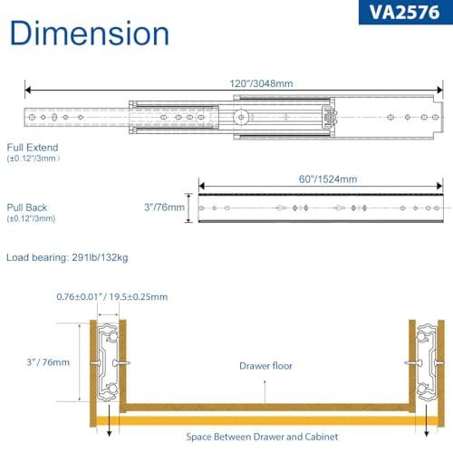 VADANIA 超重量用スライドレール 1500mm Heavy Duty引き出しスライド VA2576 左右1セット｜baxonshop-honten｜05