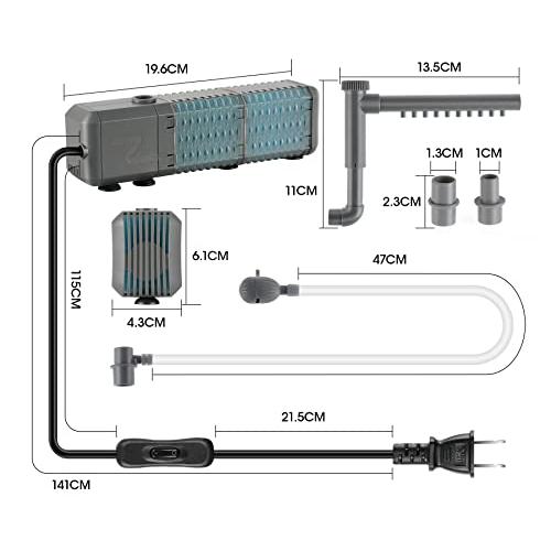 水中ポンプ 小型 水槽ポンプ 9W 水槽フィルター 酸素供給/ろ過/水循環機能/水流発生/排水5 in 1ウォーターポンプ 流量800L/H 揚程1.1M 40-60CM水槽適用 空気量/｜baxonshop-honten｜06