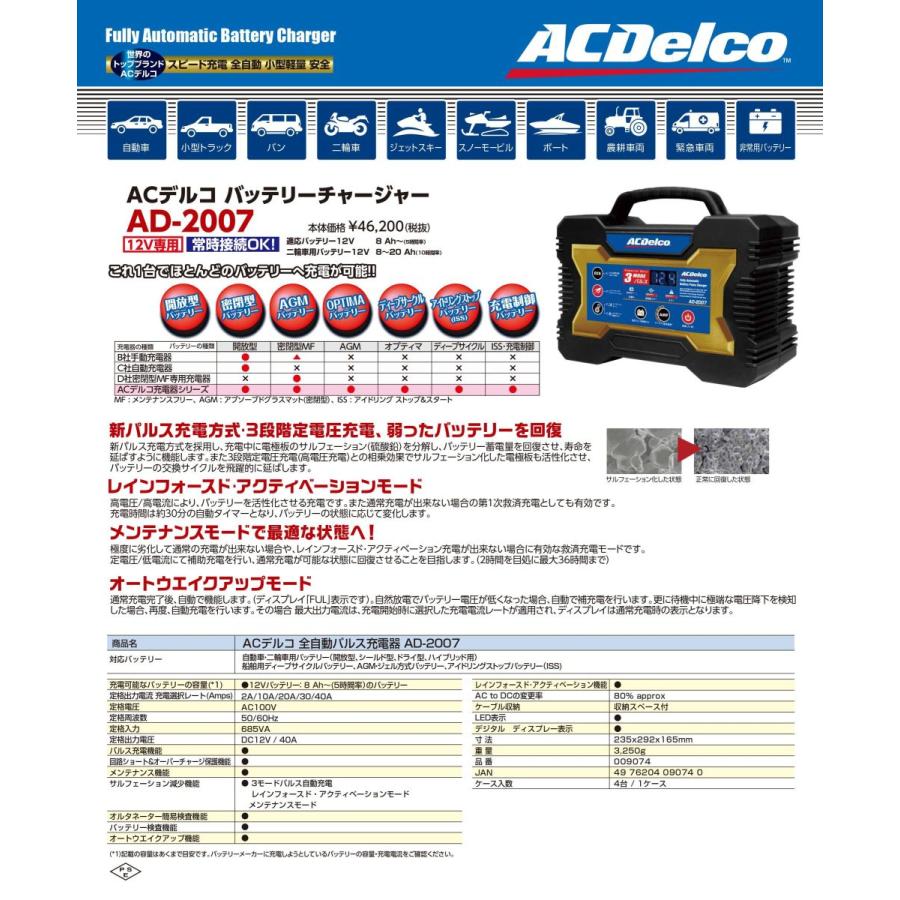 AC Delco バッテリーチャージャー 全自動パルス充電 DC12V AD-2007