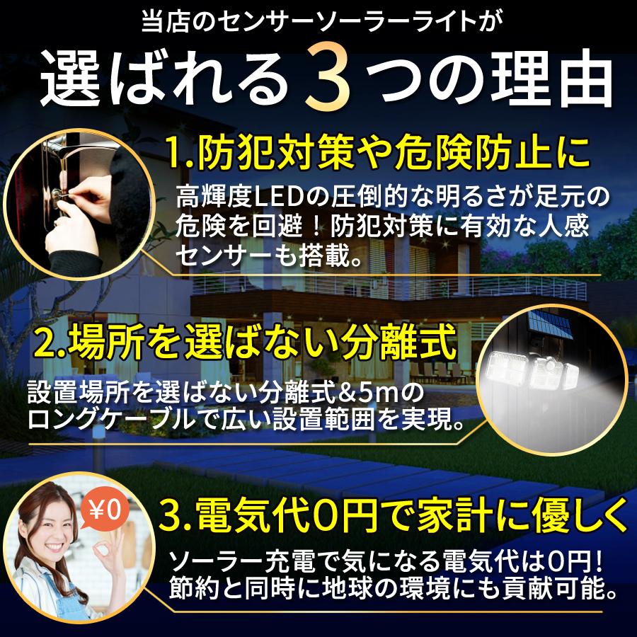 ソーラーライト センサーライト 屋外 led 防水 分離型 人感  充電式 明暗 明るい ガーデン  壁掛け 防犯灯 3灯式 | ブランド登録なし | 05