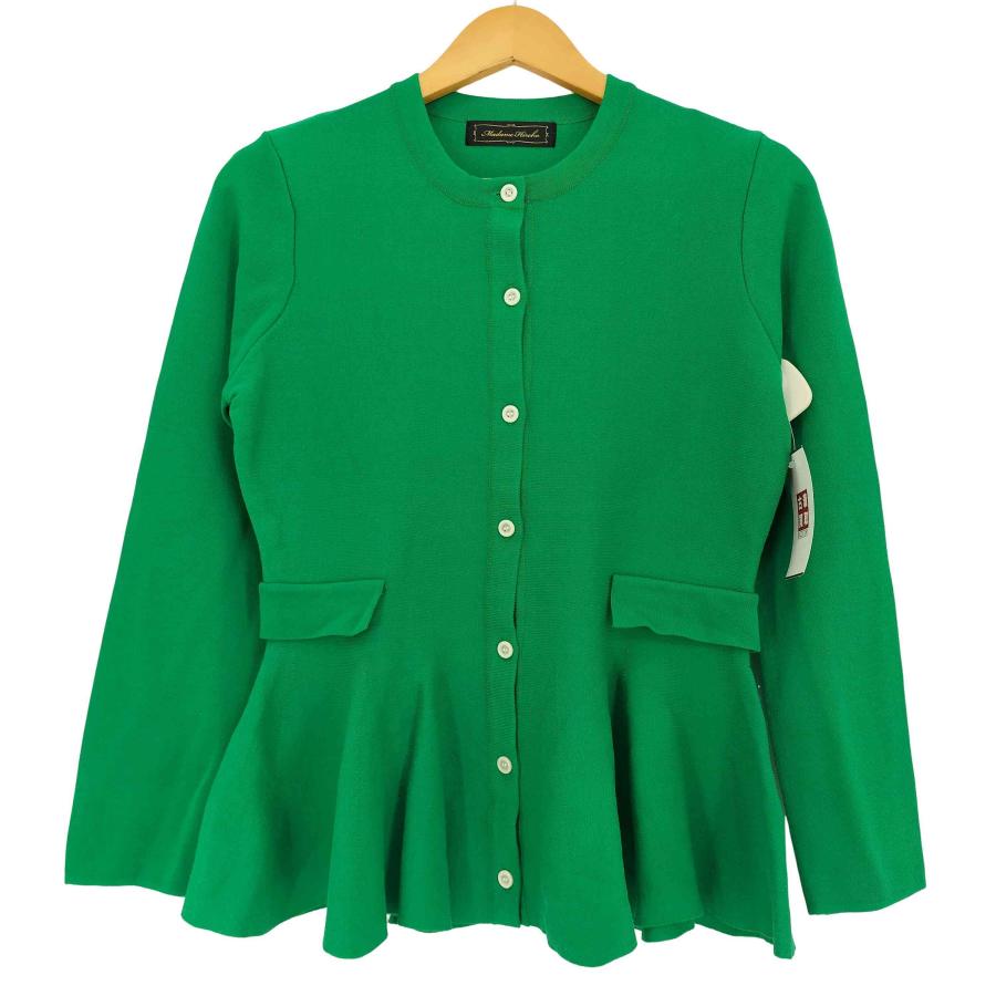 フリルデザイン 長袖カーディガン 緑グレー MADAME HIROKO(マダムヒロコ) レーヨン混 裾フリル ニット