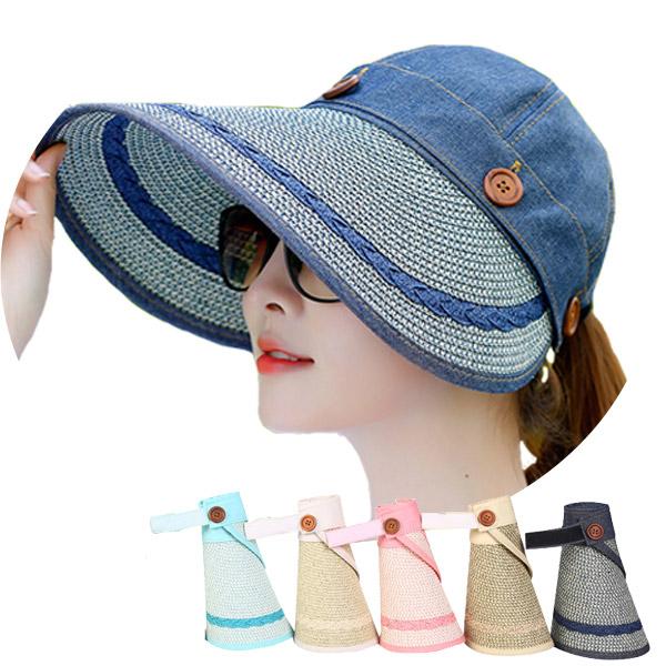 2WAY サンバイザー つば広 麦わら帽子 ロールサンバイザー ストローハット 折りたたみ 麦藁 UVカット 日よけ レディース帽子 HAT 6621 | 