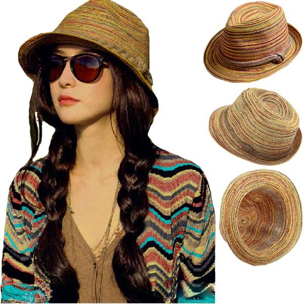 麦わら帽子 mix糸 マルチカラー 中折れハット 亜麻 ジュート つば広 UVカット 草編み レディースハット 紫外線防止 CAP 6566 | 