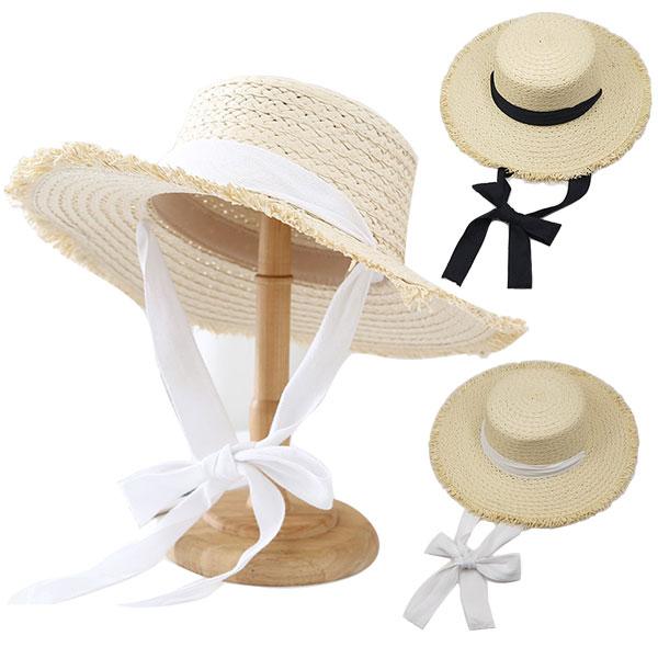 つば広 カンカン帽 麦わら帽子 ストローハット あご紐リボン きりっばなし 帽子 ツバ広 UVカット 日よけ レディース 春 夏 STRAW HAT 6653 | 