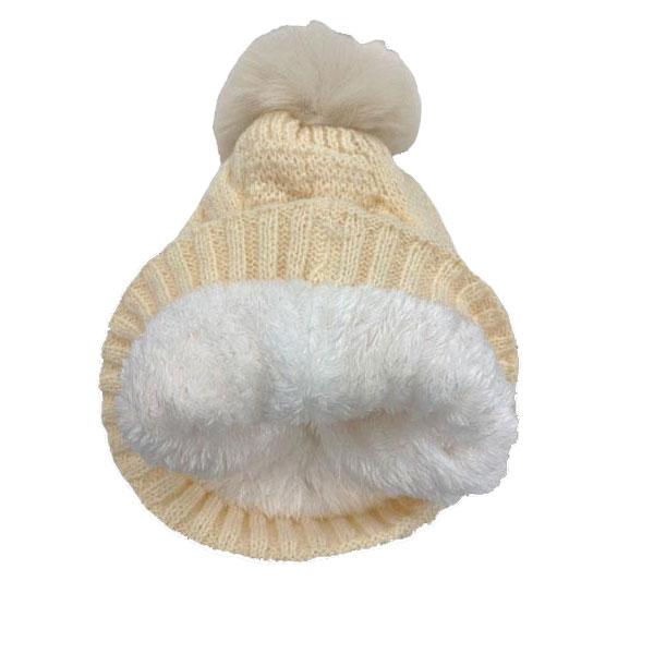 ボンボン ニット帽 ケーブルニット ボア付き 厚手 帽子 ニットキャップ