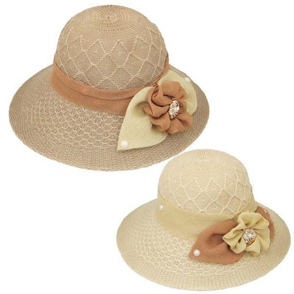 つば広 パール付 レディースハット 大きいリボン ボーラーハット キャペリンハット レディース 婦人帽 日よけ帽子 UVカット 春 夏 HAT 6558 | 