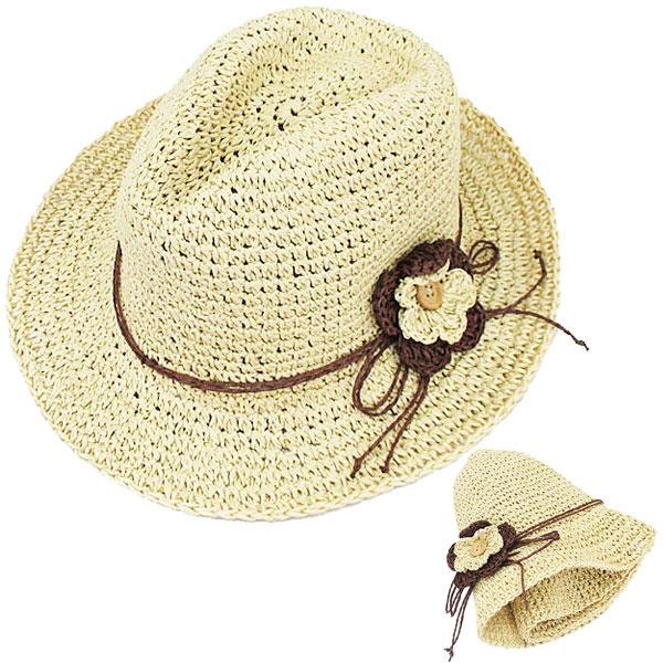 麦わら帽子 レディース コサージュ付き 中折れ ストローハット 折りたたみ ハット 婦人帽 紫外線対策 UVカット 日よけ 帽子 上品 おしゃれ 春 夏 HAT 6632 | 