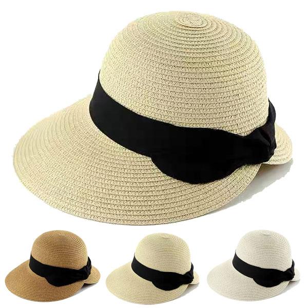 麦わら帽子 つば広 サンバイザー レディースハット バック蝶リボン 帽子 ストローハット UVカット 日よけ 夏 秋 STRAW HAT 6650 | 