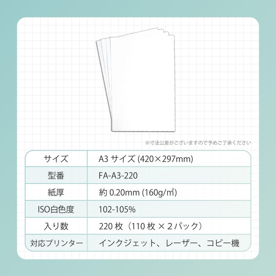 普通紙 A3サイズ 220枚入り 紙厚0.20mm 厚手 両面印刷 インクジェット