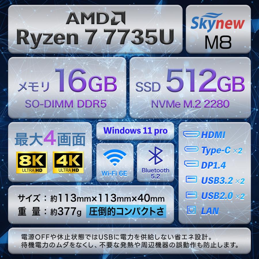 ミニPC デスクトップPC AMD Ryzen R7-773U / 16GB / 512GB Windows11pro 小型PC 新品 ミニパソコン 省スペース 持ち運び 軽量 マルチディスプレイ  Skynew M8 | Skynew | 07