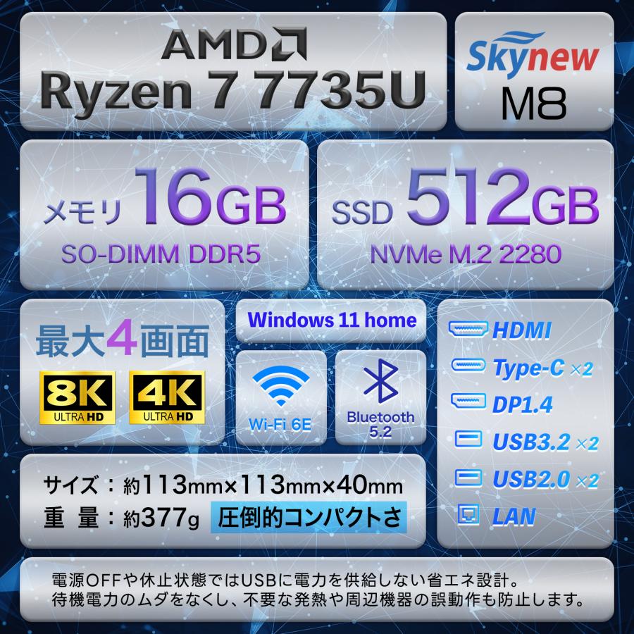 ミニPC デスクトップPC AMD Ryzen R7-773U / 16GB / 512GB Windows11Home 小型PC 新品 ミニパソコン 省スペース 持ち運び 軽量 マルチディスプレイ  Skynew M8 | Skynew | 07