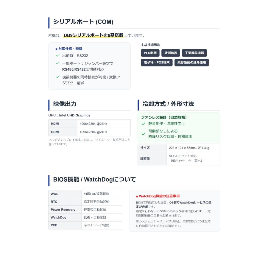 ミニPC ファンレスPC デスクトップPC 産業 工業 業務用 WATCHDOG 6COM / Windows 11 / インテル Pentium 4405U / DDR4L 8GB / SSD 256GB / Skynew S6 | Skynew | 10