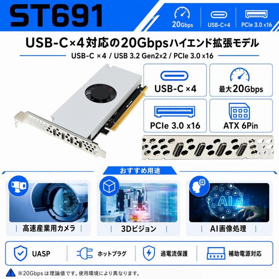 Skynew ST691 PCIe3.0 x16 USB拡張カード 10GbE USB-C 4ポート USB 3.2 Gen2×2 ASMedia ASM3242 PEX8747 産業用 マシンビジョン 高速データ転送 |  | 01