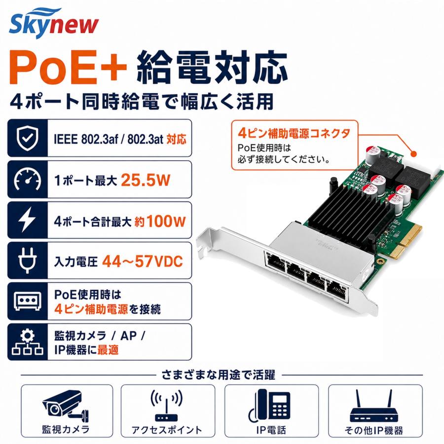 Skynew ST7246 PCIe2.0 x4 有線LANカード NIC 1GbE RJ45 4ポート PoE対応 インテルチップ I350AM4搭載 ネットワークカード NIC | Skynew | 02