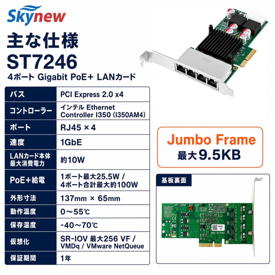 Skynew ST7246 PCIe2.0 x4 有線LANカード NIC 1GbE RJ45 4ポート PoE対応 インテルチップ I350AM4搭載 ネットワークカード NIC | Skynew | 05