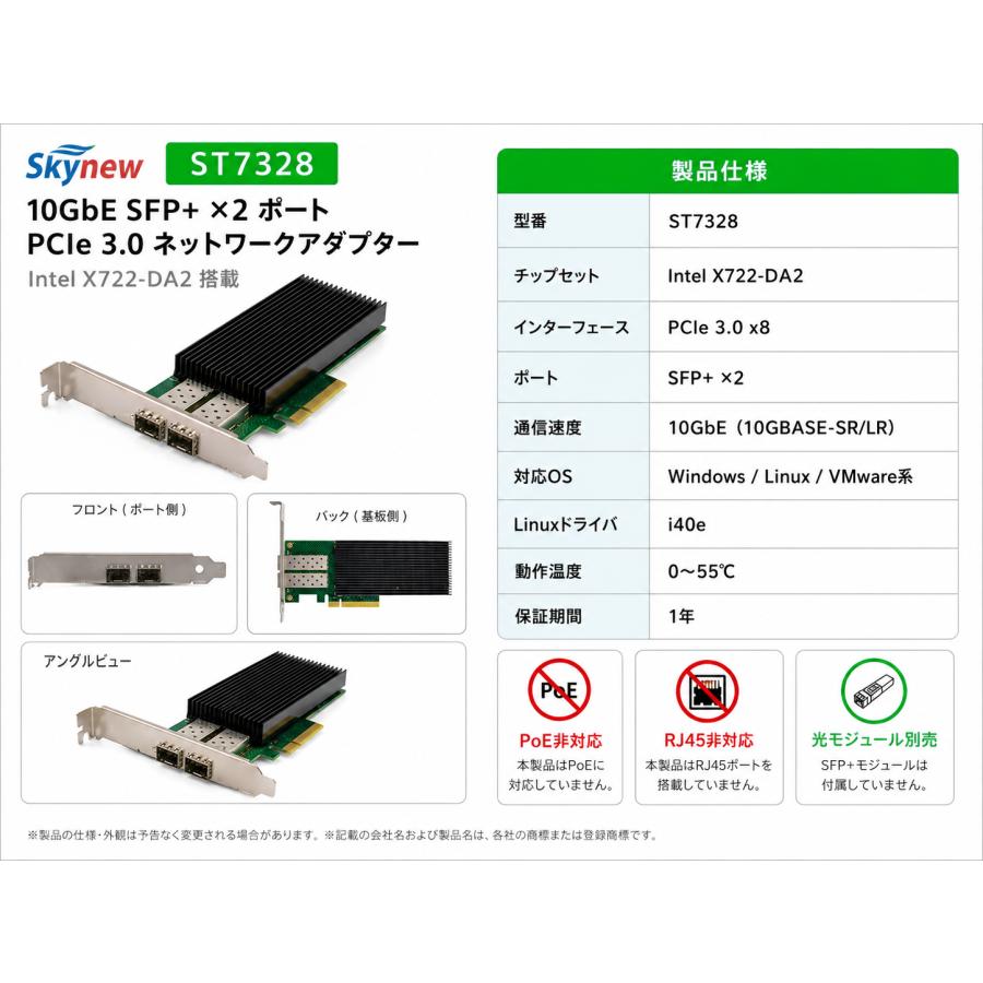 Skynew ST7328 PCIe3.0 x8 有線LANカード NIC 10GbE SFP+ 2ポート インテルチップ X722-DA2搭載 ネットワークカード NIC | Skynew | 04