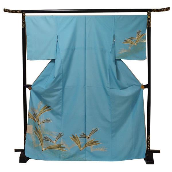 仕立上り 袷付下げ 松葉柄（水色）（135）洗える ポリエステル