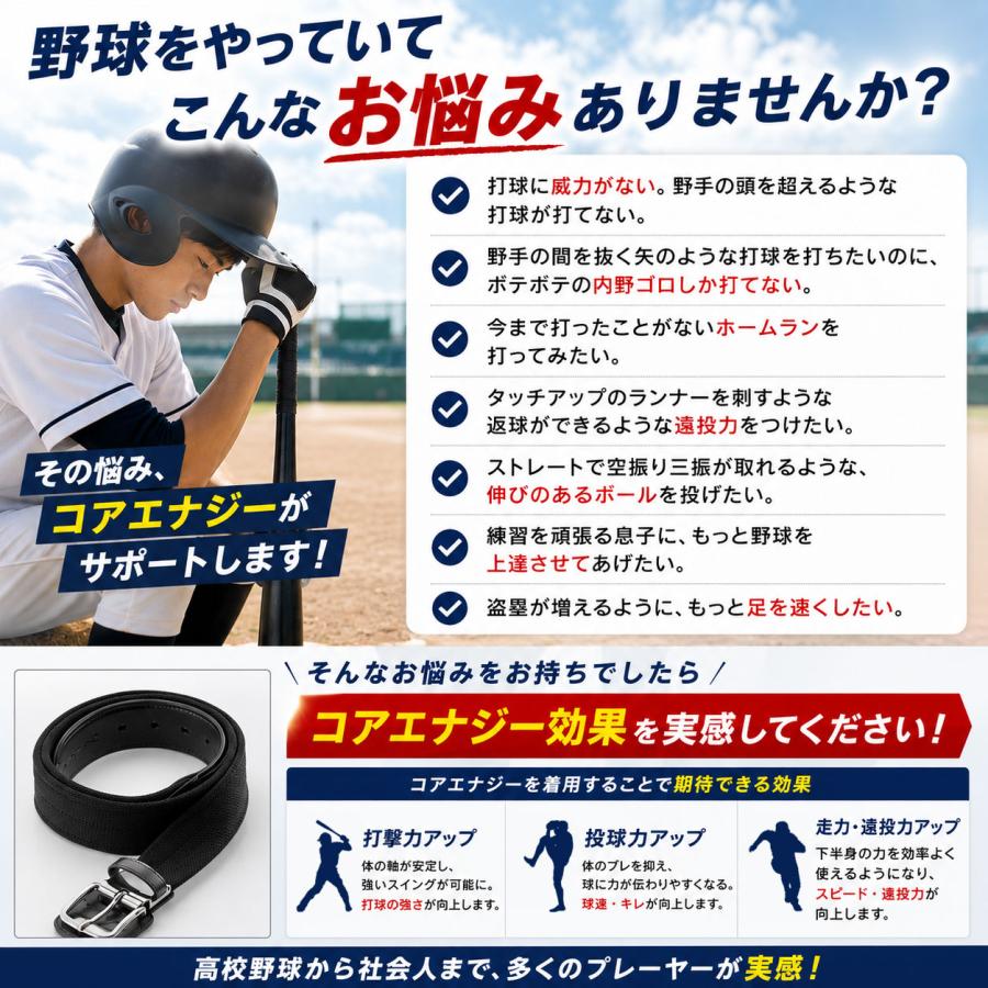 コアエナジー 文字刺繍無料 交換無料 野球 ベルト 大人 黒 紺 青 赤 緑