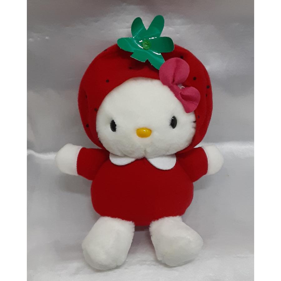 イチゴの着ぐるみ着た ハローキティ ピンクリボン ぬいぐるみ 1999年 赤 いちごフード 苺 サンリオ エイコー タグ無し 全長約19cm | 