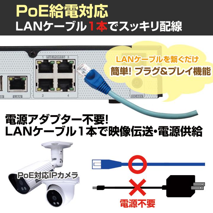 防犯カメラ 監視カメラ用 H.265 PoE・プラグアンドプレイ 4K対応 4chデジタルネットワークレコーダー （HDD1〜10TB選択）/ 4PoE-NVR_4