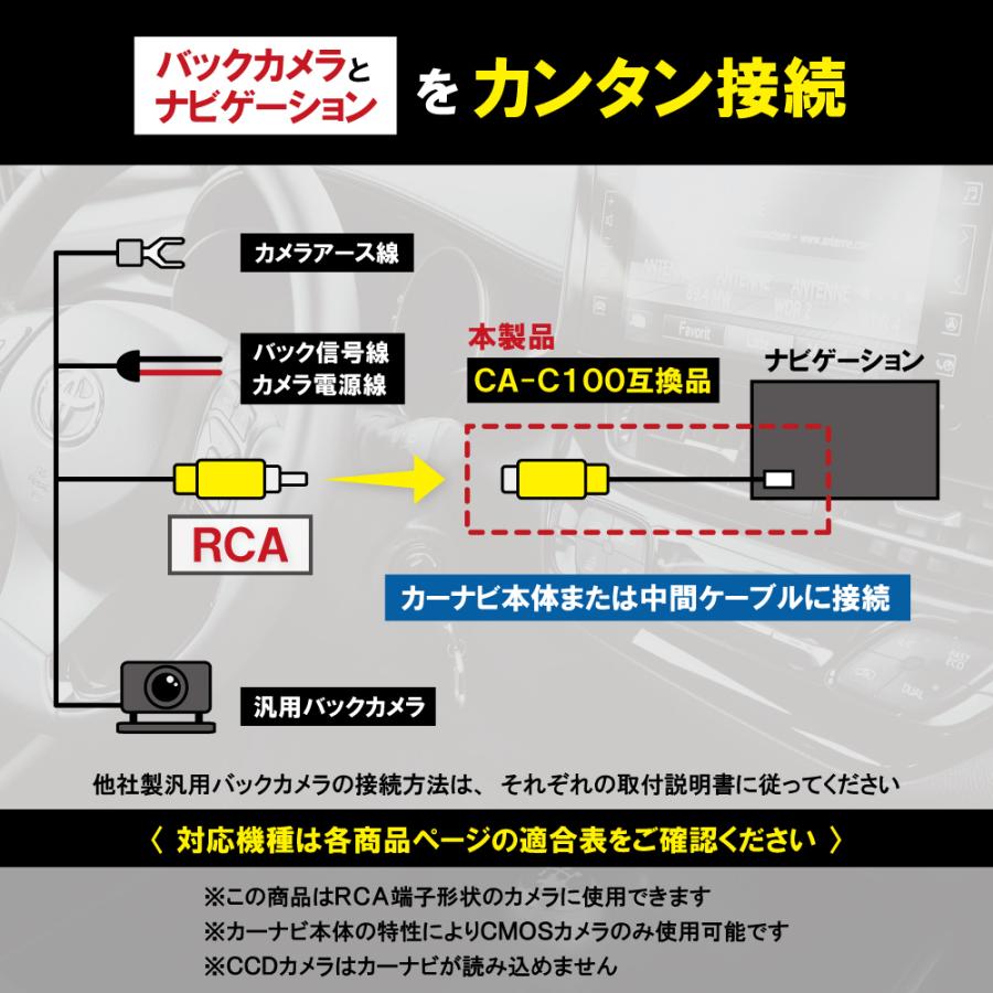 RCA変換 バックカメラ 接続ケーブル CA-C100 ケンウッド MDV-D403W KENWOOD 汎用 リアカメラ 映像出力 変換コネクター カー用品｜bcpto92750｜04