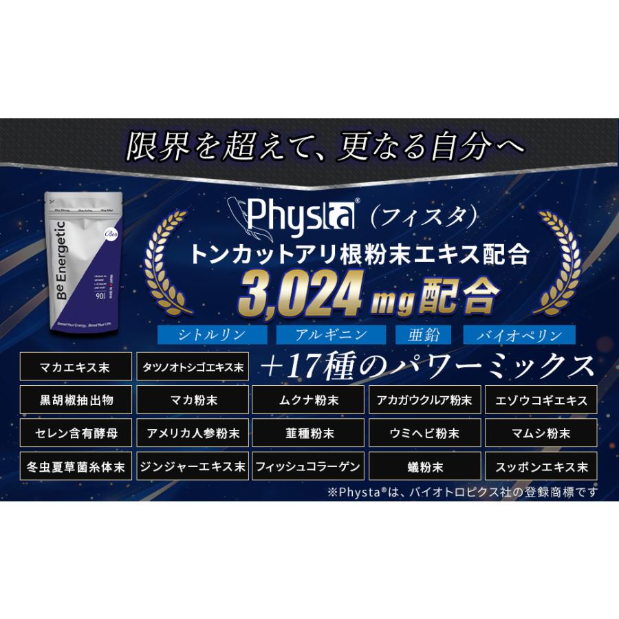 Be Energetic トンカットアリ アルギニン シトルリン 亜鉛 マカ テストステロン サプリ Physta 90カプセル 2袋セット GMP認定工場 国内 ビーエナジティック