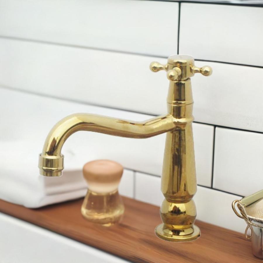 洗面 水栓 蛇口 交換 水栓金具 単水栓 クロスハンドル ゴールド(金