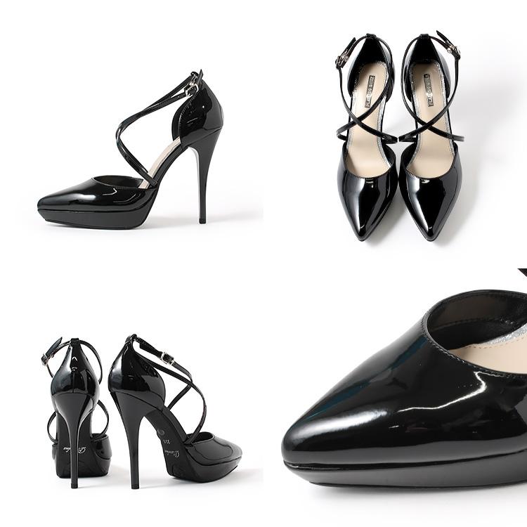 Precious ストラップ付き黒ハイヒール 24cm クロスストラップ ハイヒール ポインテッドトゥ プラットフォーム