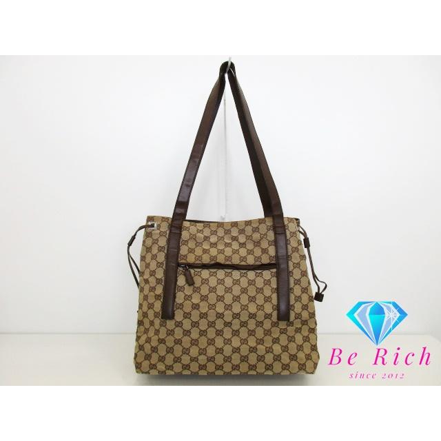 グッチショルダーバッグGGキャンバスレザーロゴプレート斜めがけ茶