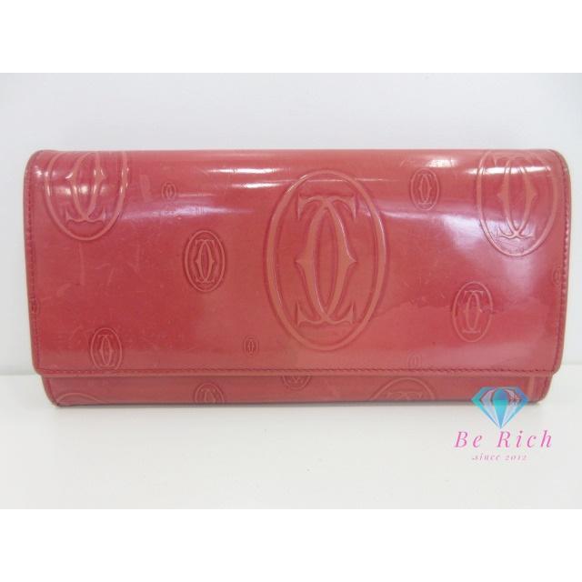 カルティエ Cartier 二つ折り財布 L3001252 ハッピーバースデー パテント レザー エナメル 赤 サーモン レッド ロゴ 中財布【中古】bs4103 | Cartier