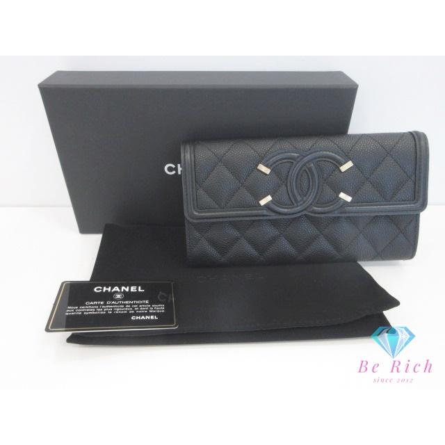美品 シャネル CHANEL マトラッセ CC フィリグリー 二つ折り財布 長財布 A84448 ブラック 黒 キャビアスキン【中古】【送料無料】  bs4196の画像