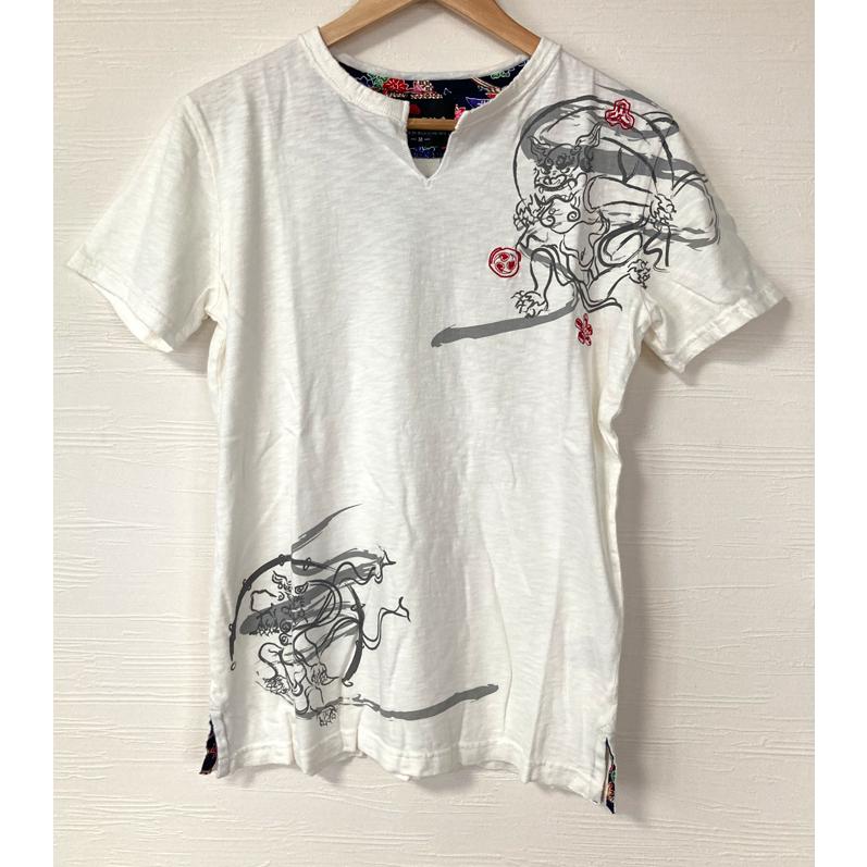 沖縄Tシャツ BINS メンズTシャツ 風神雷神シーサー 白 : okinawa