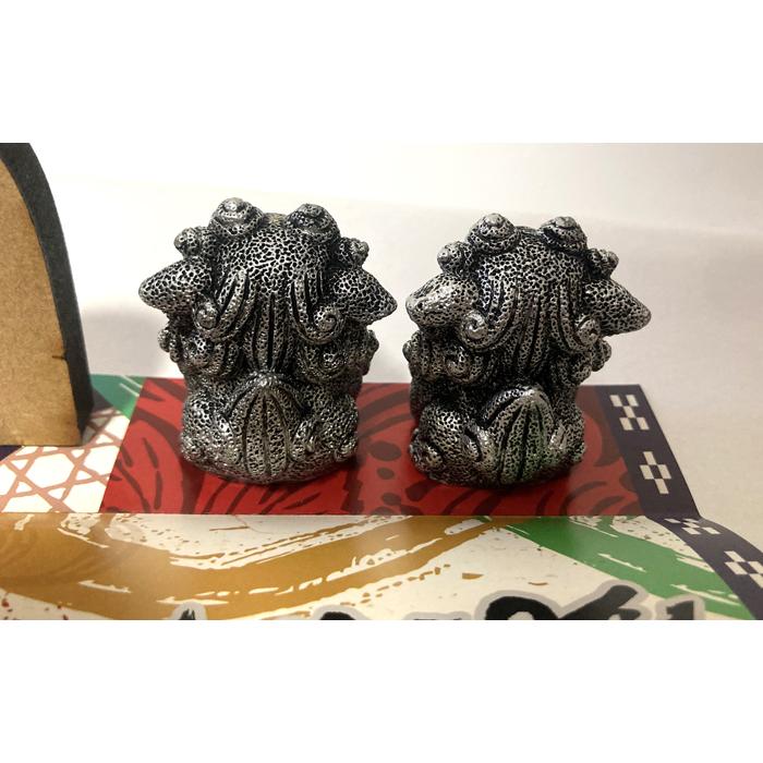 シーサー置物 魔除シーサー 銀獅子 ペアシーサー 木製プレート付 沖縄