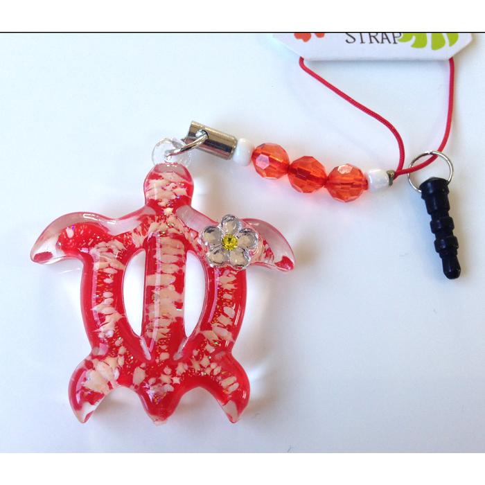 イヤホンジャック付きストラップ ホヌ型 赤 星の砂入り レジン スマホ