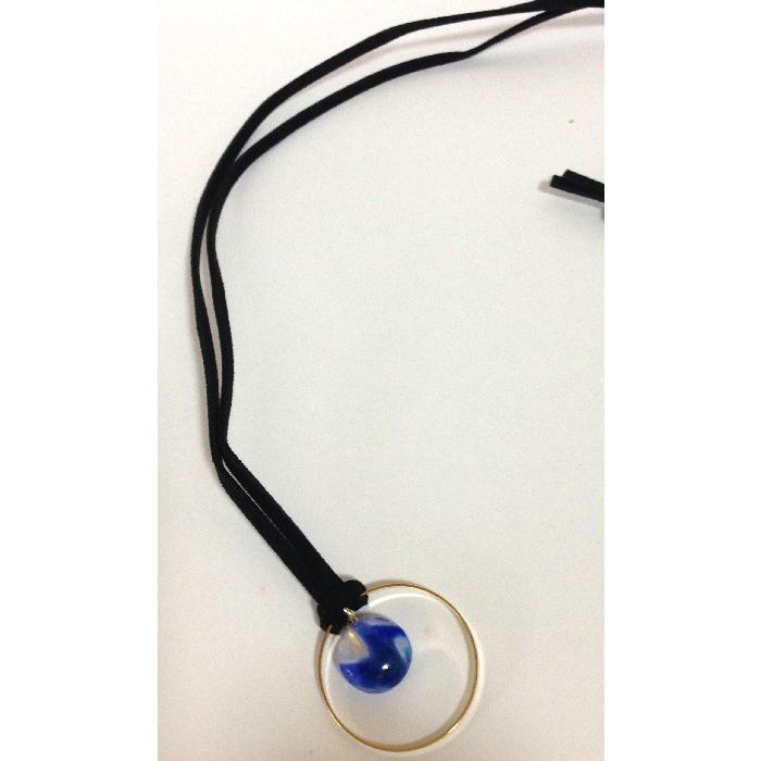 琉球ガラス青ネックレス 革ひも金リング付きネックレス 沖縄の琉球