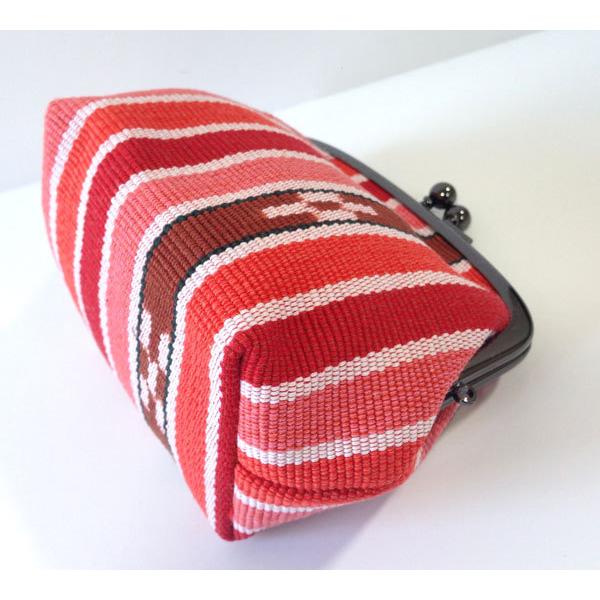 沖縄ミンサー織 マチ付き がま口財布大 紺 ストライプ赤 沖縄民芸 織物