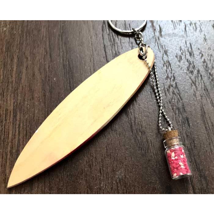 キーホルダー 沖縄サーフボード サンセットレッド 星砂ボトル付き