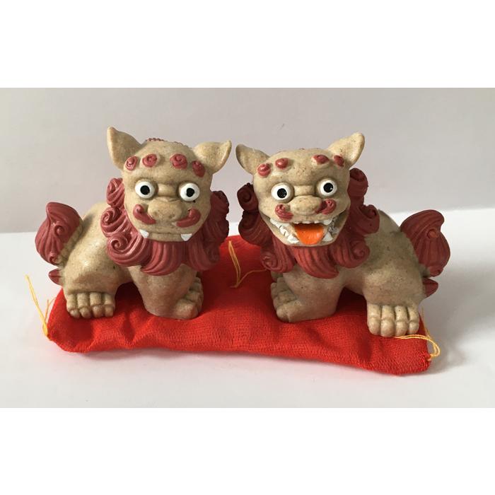 シーサー 4体セット 沖縄 ネコ シーサー置物 砂石 赤 座布団ペアーシー